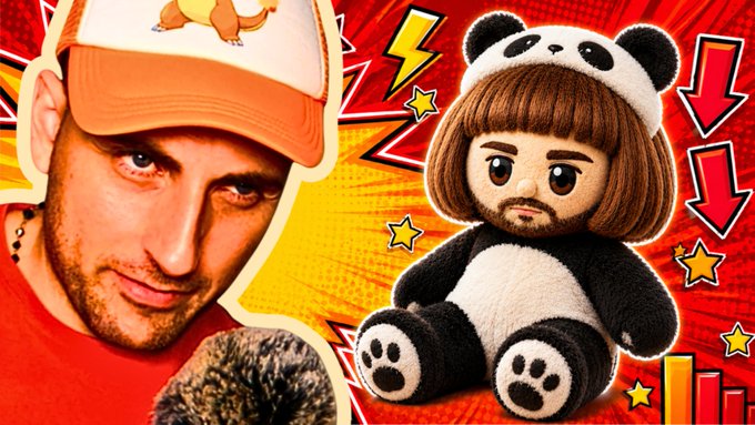 The image shows a stylized YouTube thumbnail featuring a man with a goatee wearing an orange cap on the left, alongside a cartoonish plush doll with a bob haircut and panda costume on the right, set against a comic-style red and yellow burst background with stars and downward arrows. The pairing visually represents the post's theme of degen crypto culture "devolving" from something genuine to "ugly" puppet-like behavior, with the menacing-looking man contrasting against the cartoonish, soulless-looking plush toy to symbolize the loss of authenticity among crypto participants chasing trends like NFTs and PumpFun schemes.