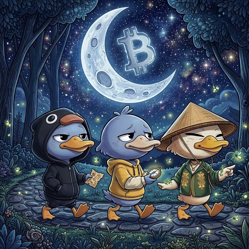 The image features three cartoon ducks walking down a path under a moonlit sky with stars. The ducks are wearing hoods and hats, giving them a unique appearance. In the background, there's a large moon that appears to be made of Bitcoin. The scene is set in a forested area, adding an element of mystery to the overall composition.