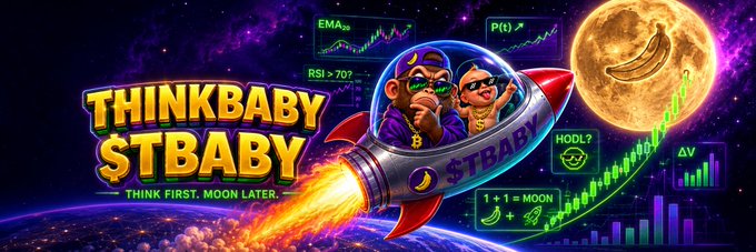 A vibrant crypto-themed graphic titled 'THINKBABY $TBABY' with the tagline 'THINK FIRST. MOON LATER.' features two cartoon characters in a rocket ship flying past a moon shaped like a banana, surrounded by stock charts and emojis.