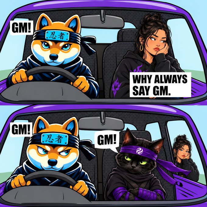 A two-panel cartoon shows a Shiba Inu driver saying “GM!” to a bored woman captioned “WHY ALWAYS SAY GM,” then to a black cat passenger who also says “GM!”