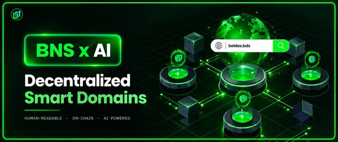 A dark green graphic advertising 'BNS x AI Decentralized Smart Domains' featuring a glowing globe and interconnected nodes, with a search bar showing 'beldex.bdx'.