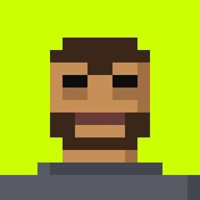 A pixel-art style avatar with a beard, set against a neon yellow-green background, representing the Trader NFT character from the ChainTradersNFT collection. The image visually personifies one of the 7,500 automated Trader NFTs mentioned in the post.