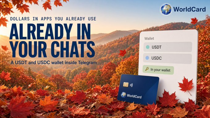 An advertisement for 'WorldCard' promotes USDT and USDC wallets inside Telegram with the headline 'DOLLARS IN APPS YOU ALREADY USE - ALREADY IN YOUR CHATS'.