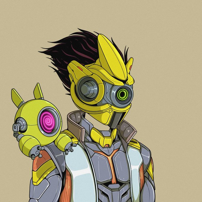 An illustrated character wears futuristic yellow and gray armor with a glowing green visor, and has a small yellow robot companion with a pink spiral eye perched on their shoulder.