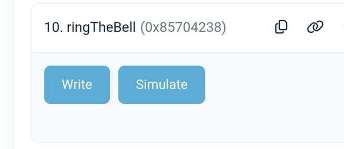 An interface shows item '10. ringTheBell (0x85704238)' with 'Write' and 'Simulate' buttons.