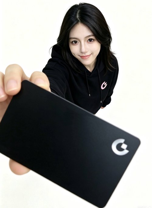A young woman in a black hoodie smiles while extending a black card or device towards the camera, featuring a white circular logo with a small red mark.