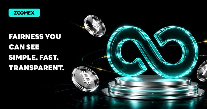 A promotional banner for ZCOMEX cryptocurrency exchange with the tagline 'FAIRNESS YOU CAN SEE. SIMPLE. FAST. TRANSPARENT.' featuring a glowing teal infinity symbol and Bitcoin/Litecoin coins.