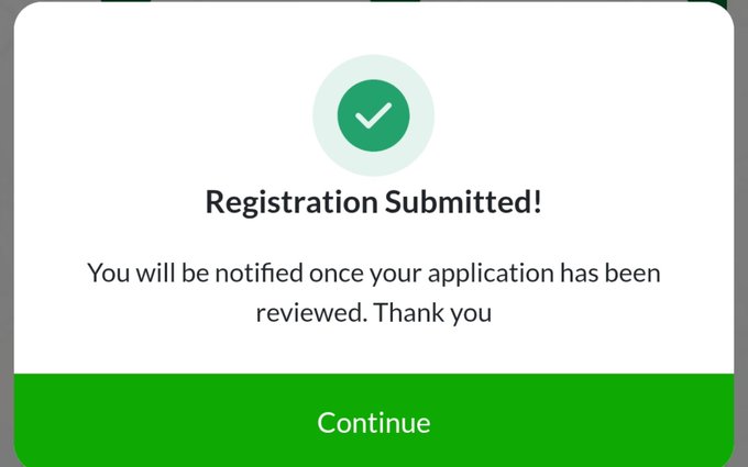 A confirmation screen displays a green checkmark with the message "Registration Submitted! You will be notified once your application has been reviewed. Thank you" and a green "Continue" button.