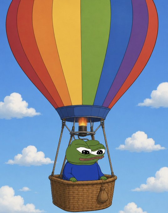 A cartoon frog character in a blue shirt rides a brightly colored rainbow hot air balloon through a partly cloudy sky, fitting the cheerful "Gm bros" greeting with an uplifting, meme-worthy vibe.