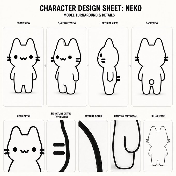 A character design sheet titled "CHARACTER DESIGN SHEET: NEKO - MODEL TURNAROUND & DETAILS" showing multiple angles (front, 3/4, left side, back views) and details (head, whiskers, texture, hands & feet, silhouette) of a simple black-outlined cat-like character, fitting the playful "gm internet frens" greeting with its cute, friendly neko design.