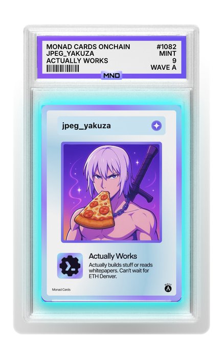 A digital collectible trading card titled 'Actually Works' by jpeg_yakuza, part of the 'Monad Cards Onchain' series (#1082, Mint 9, Wave A), featuring anime-style artwork of a character holding a slice of pizza with a sword.