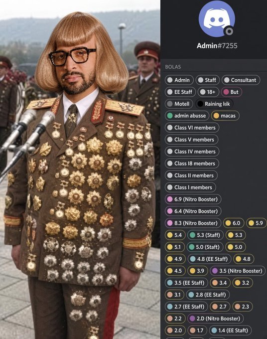Discord server interface for 'Admin#7255' showing BOLAS role tags including Admin, Staff, Consultant, EE Staff, 18+, Bot, Motell, Raining lik, admin abusse, macas, and various numbered tier roles ranging from 1.4 to 6.9.