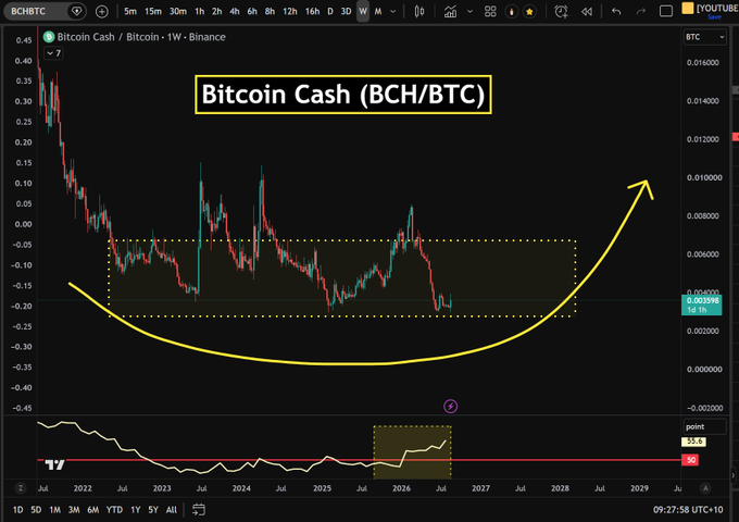 A weekly Bitcoin Cash (BCH/BTC) chart on Binance shows the ratio consolidating in a yellow highlighted range with an RSI near 55.6, accompanied by a hand-drawn yellow arrow illustrating a potential bottoming and reversal pattern that aligns with the post's optimistic thesis on BCH outperforming BTC.