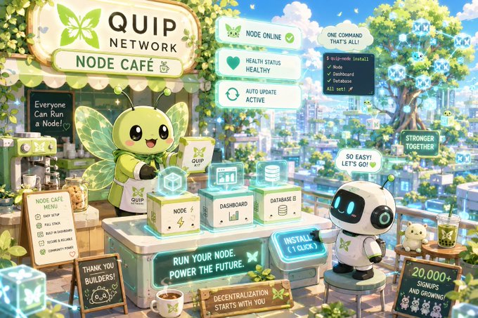 The image features a cartoon scene of two robots, one white and one green, standing behind a counter with boxes around them. The background shows a cityscape with buildings and trees. There are also signs for a cafe and a network called "quip". The text in the image suggests that the focus is on the Node Manager update from @quipnetwork, which could be related to infrastructure or networking.