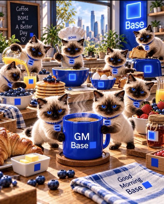 An illustration titled 'Coffee + BOMI A Better Day' featuring multiple Siamese cats with blue eyes in a kitchen setting, with one holding a large blue 'GM Base' mug, surrounded by breakfast items and a 'Good Morning Base' napkin.