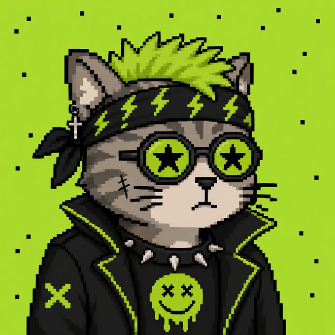A pixel-art punk cat wearing star-shaped sunglasses, a lightning-bolt bandana, spiked collar, and leather jacket with a melting smiley-face patch — perfectly matching the edgy NFT aesthetic of the **MEOWIES HOOD** mint announcement on 11 August at 2 PM UTC.