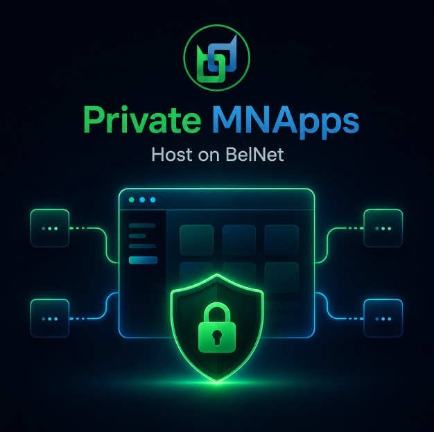 Promotional graphic for 'Private MNApps' hosted on BelNet, featuring a stylized interface with a glowing shield and padlock icon emphasizing security.