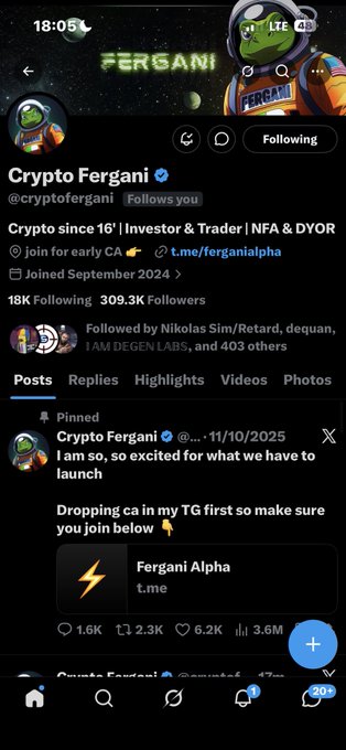 A screenshot of the verified X (Twitter) profile "Crypto Fergani" (@cryptofergani), showing 18K Following, 309.3K Followers, and a pinned post dated 11/10/2025 announcing a contract address drop in their Telegram channel "Fergani Alpha" (t.me/ferganialpha), linking to the Solana address "BakyXRTtW2cdivHrqoENQhSfaMjGLRgDudV8QSBGcKNf" promoted in the caption.