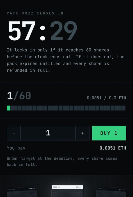 A countdown timer for 'PACK 0022' showing 57:29 remaining, with a progress bar at 1/60 shares sold at 0.0051 ETH each out of a 0.3 ETH target.