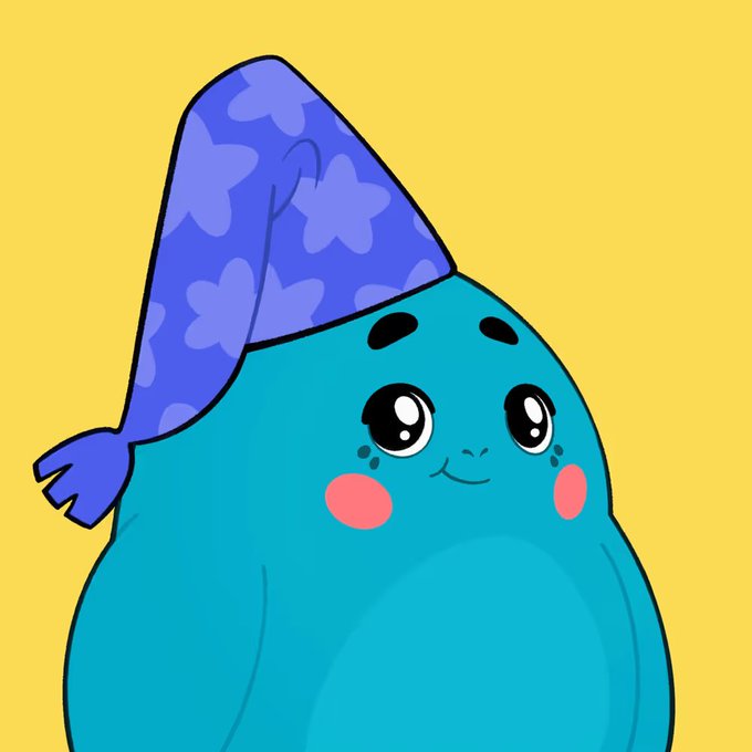 A cute cartoon illustration of a round teal creature wearing a purple nightcap with star patterns, set against a solid yellow background.