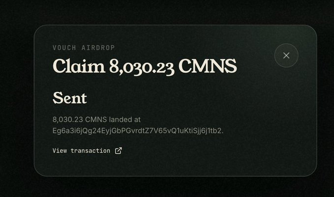 A digital voucher airdrop notification displaying 'Claim 8,030.23 CMNS Sent' with a transaction link.