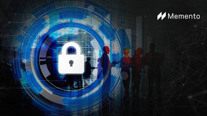 A digital security-themed graphic featuring a prominent white padlock icon centered in a futuristic blue circular interface, with silhouetted figures in the background and the "Memento" logo in the upper right corner.