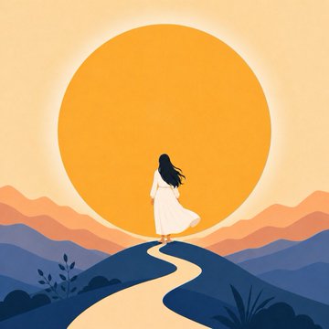 A minimalist illustration of a woman in a white dress standing on a path facing a large orange sun with mountains in the background.