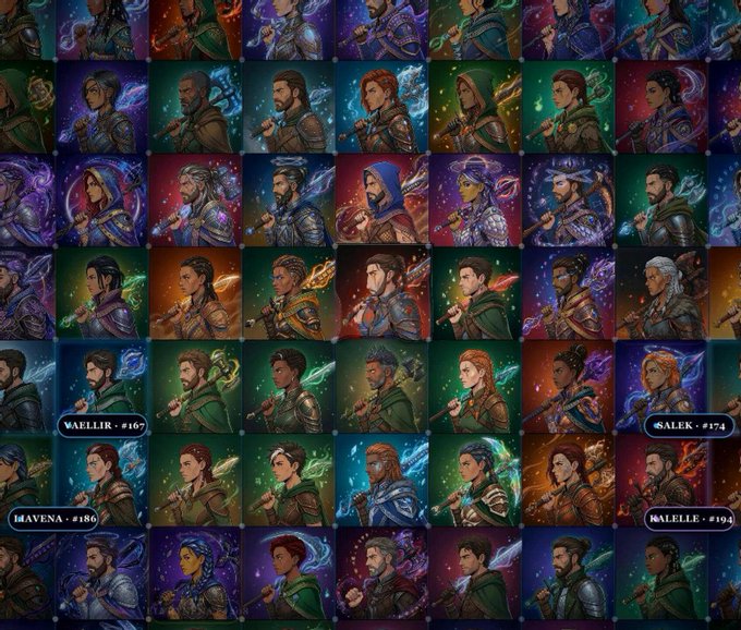 A grid of fantasy-style character portraits features various warriors and mages, with labels such as 'VAELLIR #167', 'SALEK #174', 'HAVENA #186', and 'VALELLE #194' visible.