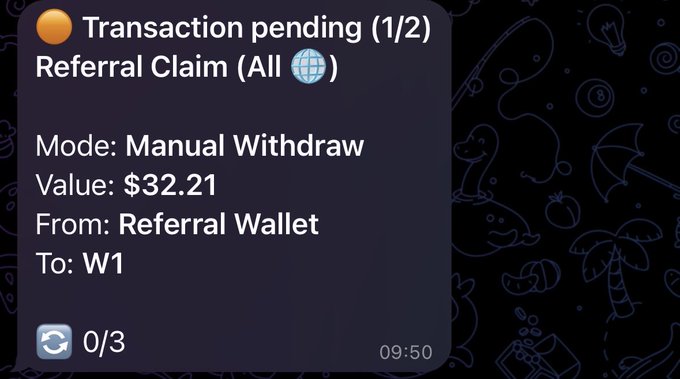 A notification showing a pending transaction for a Referral Claim with a value of $32.21, being manually withdrawn from a Referral Wallet to W1 at 09:50.