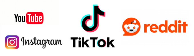 Logos for popular social media platforms: YouTube, TikTok, Reddit, Instagram, and a TikTok text logo arranged on a white background.