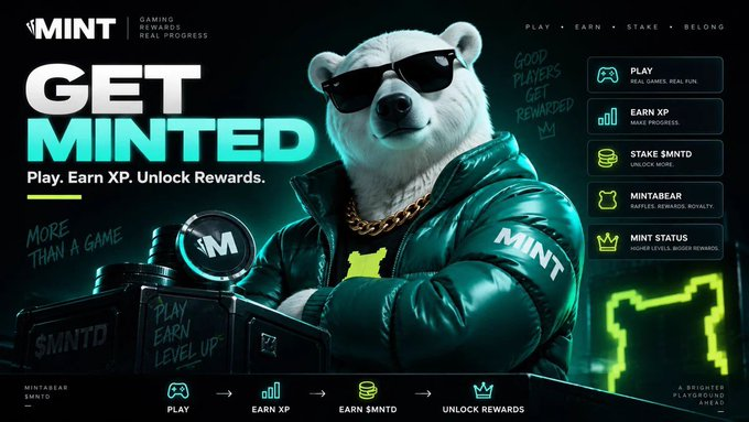 A promotional banner for "MINT" with the tagline "GET MINTED - Play, Earn XP. Unlock Rewards," featuring an anthropomorphic polar bear wearing sunglasses and a green jacket, alongside icons for PLAY, EARN XP, STAKE $MNTD, and MINTABEAR.