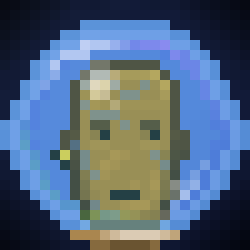 A pixel art icon depicting a golden mask or face enclosed within a glowing blue circular border.