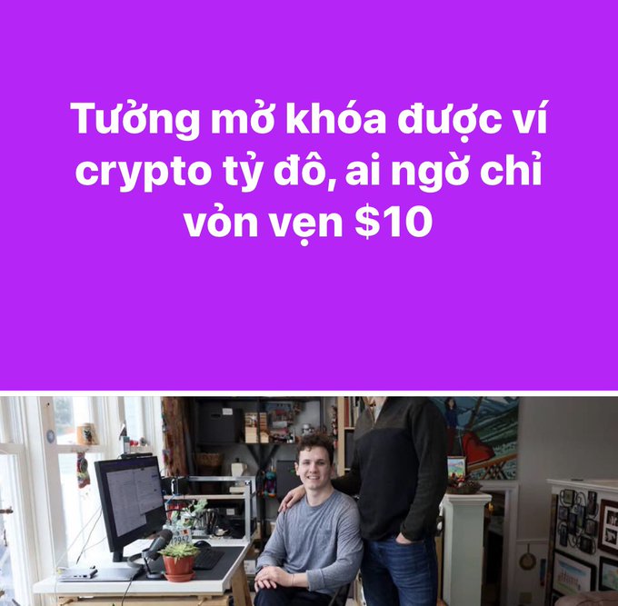 A Vietnamese-language thumbnail with a purple background reads "Tưởng mở khóa được ví crypto tỷ đô, ai ngờ chỉ vỏn vẹn $10" above a photo of a smiling man seated at a computer desk.