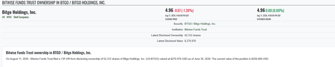 The image shows a Bitwise Funds Trust institutional ownership disclosure for BitGo Holdings, Inc. (BTGO), reporting ownership of 52,312 shares valued at $4.96 per share as of June 30, 2026. A filing note at the bottom confirms Bitwise Funds Trust filed a 13F-HR on August 11, 2026, valuing the position at $259,468 USD.