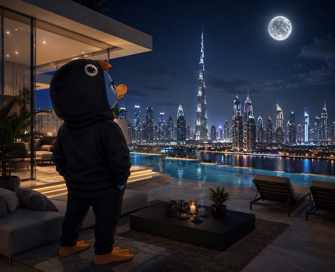 A penguin mascot in a black hoodie labeled '404' gazes from a luxury Dubai penthouse balcony at the illuminated Burj Khalifa skyline under a full moon.
