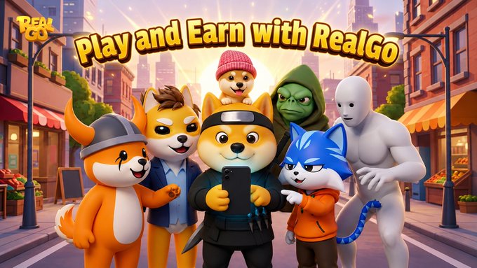 The image features a group of cartoon characters posing for a photo with a banner above them that reads "Play and Earn With RealGo!". The characters include a Shiba Inu, a Shiba Inu, a Shiba Inu, a Shiba Inu, and a Shiba Inu. They are all standing in front of a building on a city street.