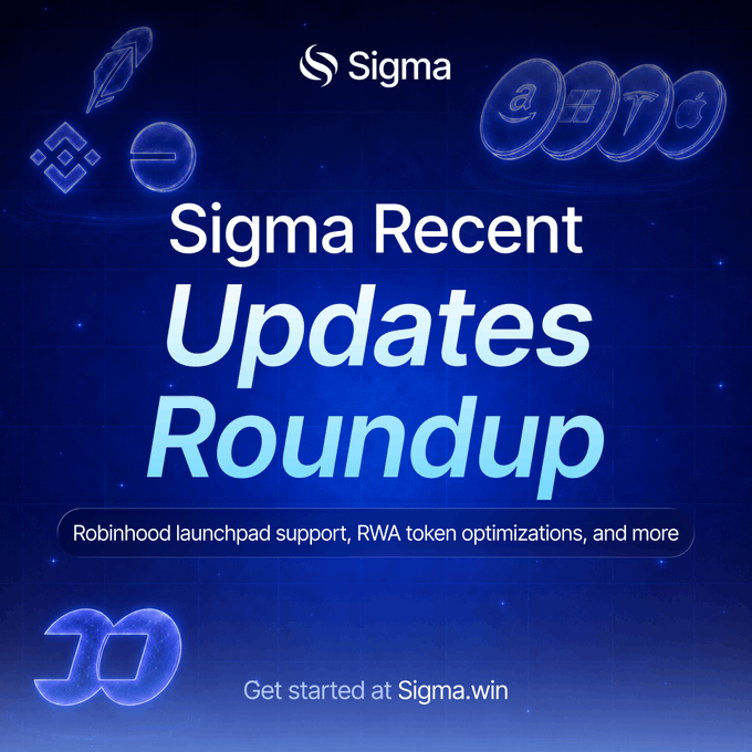 A promotional graphic for Sigma titled 'Updates Roundup' featuring news on 'Robinhood launchpad support, RWA token optimizations, and more' with the tagline 'Get Started at Sigma.win'.