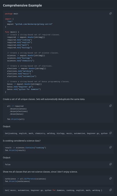 The image shows Go code demonstrating the use of the `golang-set` library by deckarep, featuring examples of creating string-based sets, using union operations to combine multiple class sets (cooking, English, math, chemistry, welding, biology, music, automotive, beginner Go, and Python), and checking for membership using `.Contains()`. The accompanying tweet promotes the `golang-set` library as a generic set type for Go used by major companies like Google Cloud Platform, Docker, 1Password, Ethereum, and Hashicorp, with this code snippet serving as a practical demonstration of its functionality.