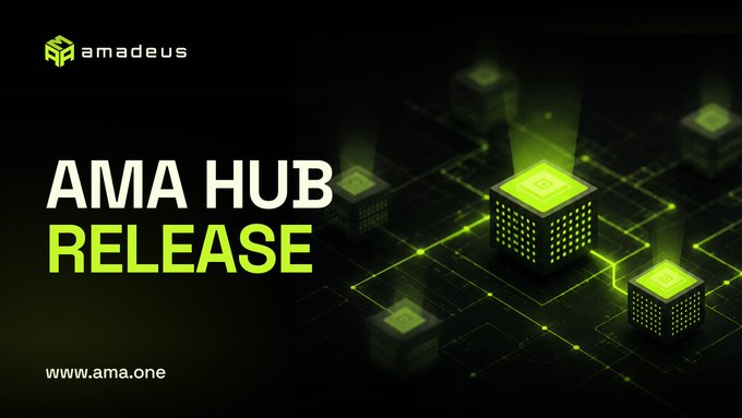 A promotional graphic with the "amadeus" logo and text reading "AMA HUB RELEASE" and "www.ama.one," featuring glowing green 3D cubes on a dark technological background.