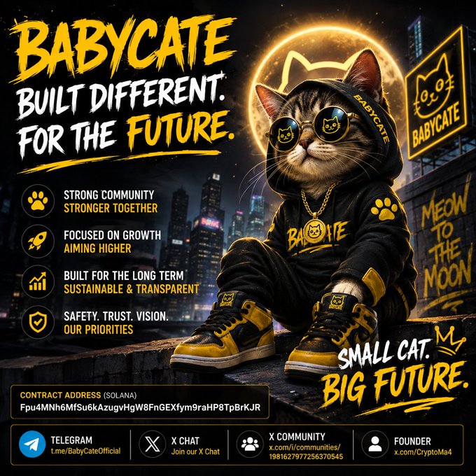 BABYCATE cryptocurrency promotional image featuring a cat in sunglasses and sneakers with the tagline 'Built Different. For the Future.' and a Solana contract address along with Telegram and X (Twitter) community links.