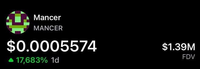 A cryptocurrency price display for 'Mancer' (ticker: MANCER) showing a price of $0.0005574, a 17,683% increase in 1 day, and a $1.39M fully diluted valuation (FDV).