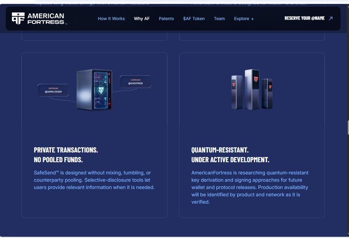 A screenshot of the American Fortress website displaying information about 'PRIVATE TRANSACTIONS. NO POOLED FUNDS.' and 'QUANTUM-RESISTANT. UNDER ACTIVE DEVELOPMENT.' features for their SafeSend product.