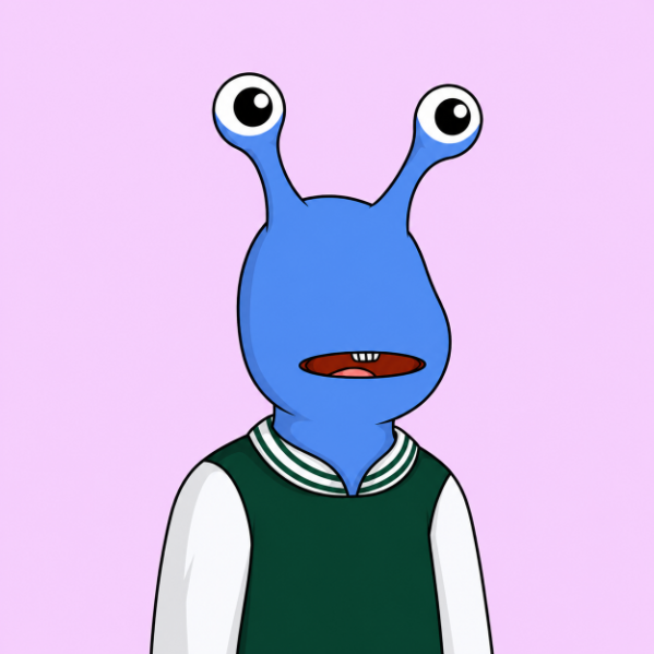 A simple cartoon illustration of a blue alien-like creature with two large stalk eyes and a small mouth with visible teeth, wearing a green and white varsity jacket against a pink background.
