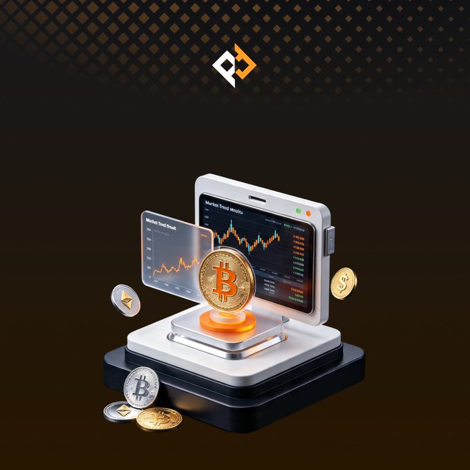 3D illustration of a cryptocurrency trading interface featuring a Bitcoin coin, Ethereum coins, and candlestick market trend charts displayed on floating screens.