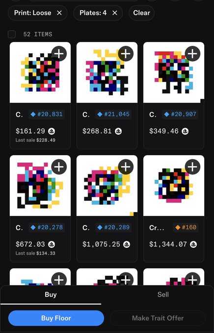 A screenshot of an NFT marketplace showing pixelated character listings with prices, featuring 'Print: Loose' and 'Plates: 4' filters and 'Buy Floor'/'Make Trait Offer' buttons.