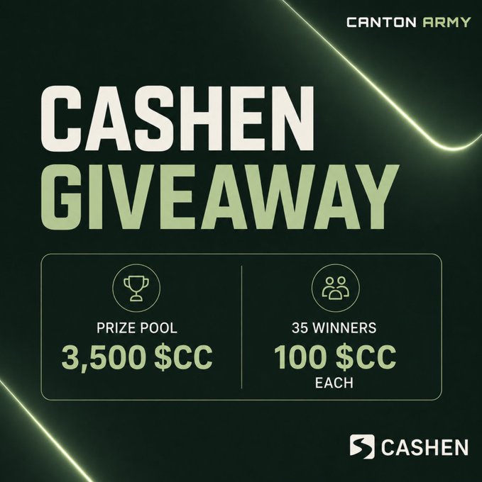A promotional graphic for a 'CASHEN GIVEAWAY' by Canton Army, advertising a prize pool of 3,500 $CC split among 35 winners of 100 $CC each.