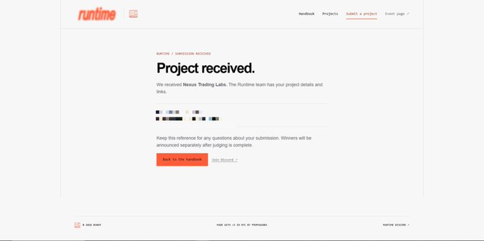 A website confirmation page for 'runtime' displays the message 'Project received.' for a submission to 'Nexus Trading Labs'.