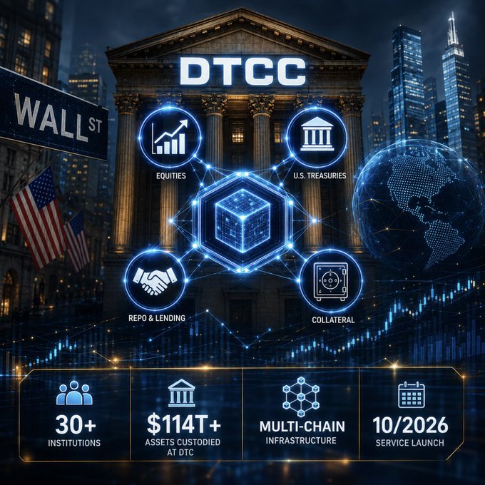 An infographic depicting the DTCC (Depository Trust & Clearing Corporation) with icons for Equities, U.S. Treasuries, Repo & Lending, and Collateral. It highlights '30+ Institutions,' '$114T+ Assets Custodied at DTC,' 'Multi-Chain Infrastructure,' and a '10/2026 Service Launch.'