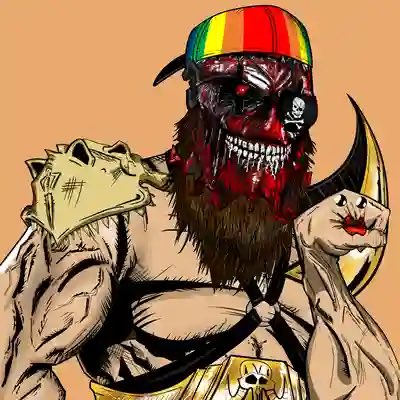 A comic-style illustration of a fearsome, masked warrior with a skull-like face, wearing a rasta-colored cap and spiked shoulder armor, set against a tan background.