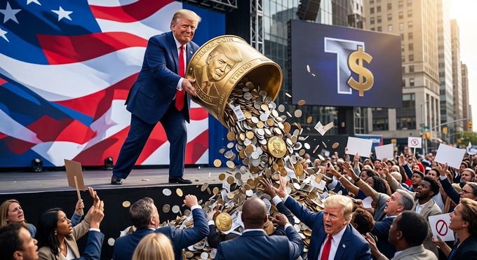 The image depicts a stylized scene of a Donald Trump figure pouring a large golden "MEMECOIN" trophy filled with coins over a crowd of supporters holding signs and reaching upward, with a "T$" logo displayed prominently in the background. This visual metaphor illustrates the accompanying post about Team Trump moving 26.6 million USD worth of tokens (11.01 million TRUMP tokens) out of BitGo custody, suggesting a major liquidation event is about to unfold.